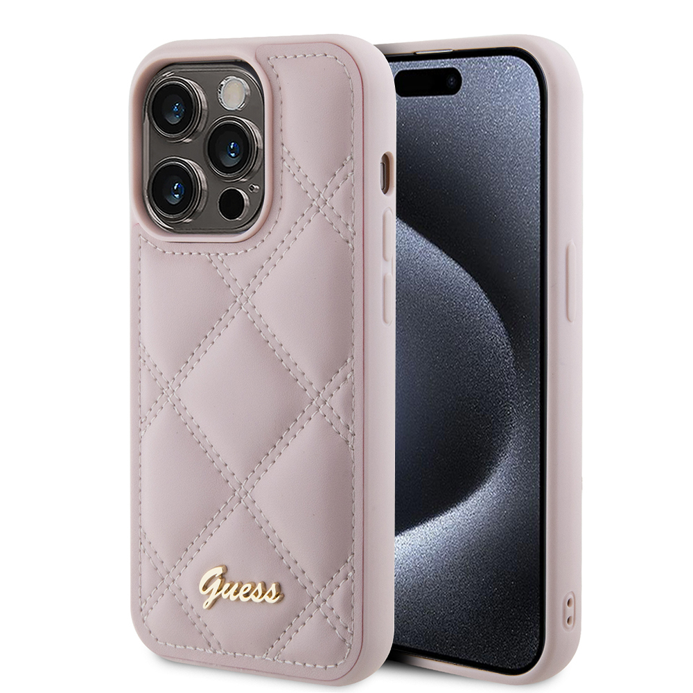 Guess prešívaný kryt s kovovým logom na iPhone 15 Pro Max (GUHCP15XPSQSQSP) - ružový KF2340009