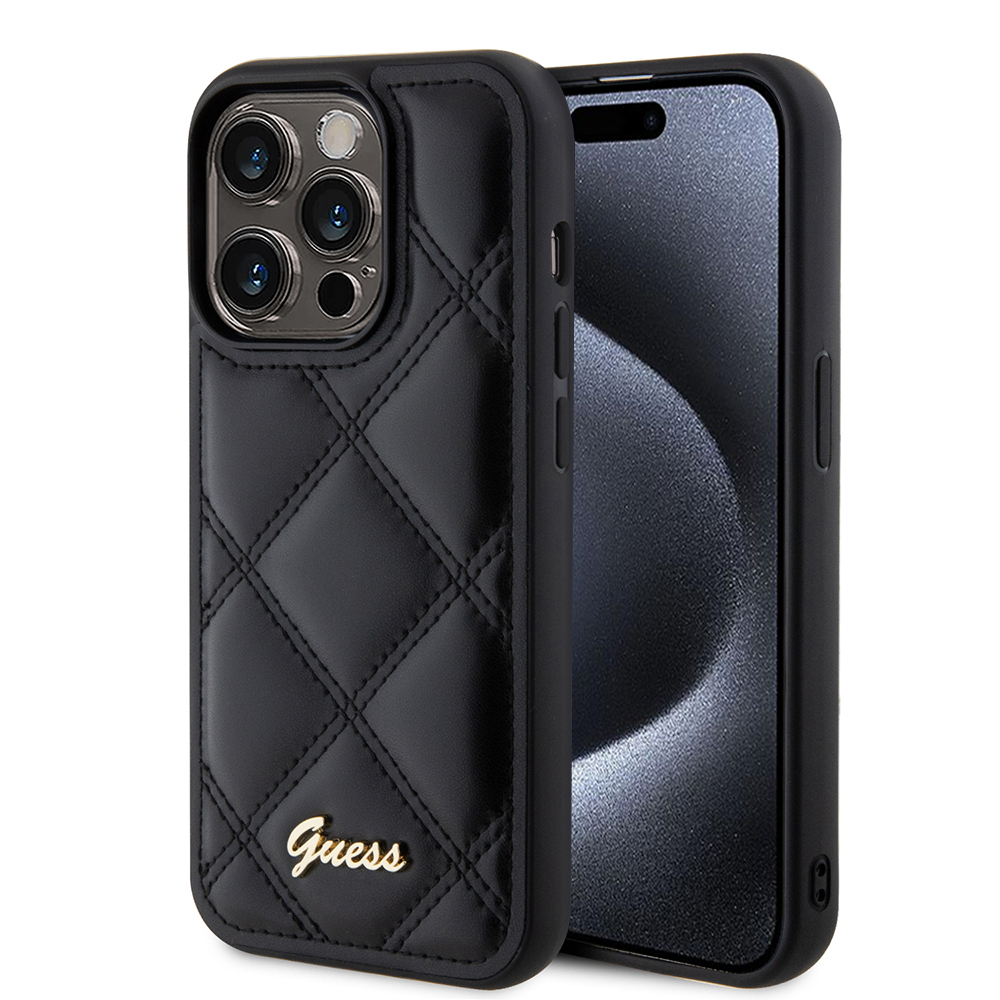 Guess prešívaný kryt s kovovým logom na iPhone 15 Pro (GUHCP15LPSQSQSK) - čierny KF2340006
