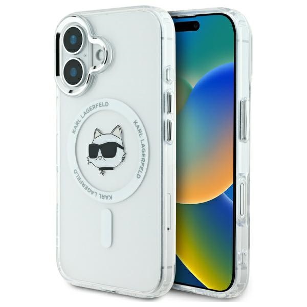 Karl Lagerfeld IML MagSafe kryt na iPhone 16 Plus (KLHMP16MHLSCHH) - biela kovová Choupette hlava KF2340810