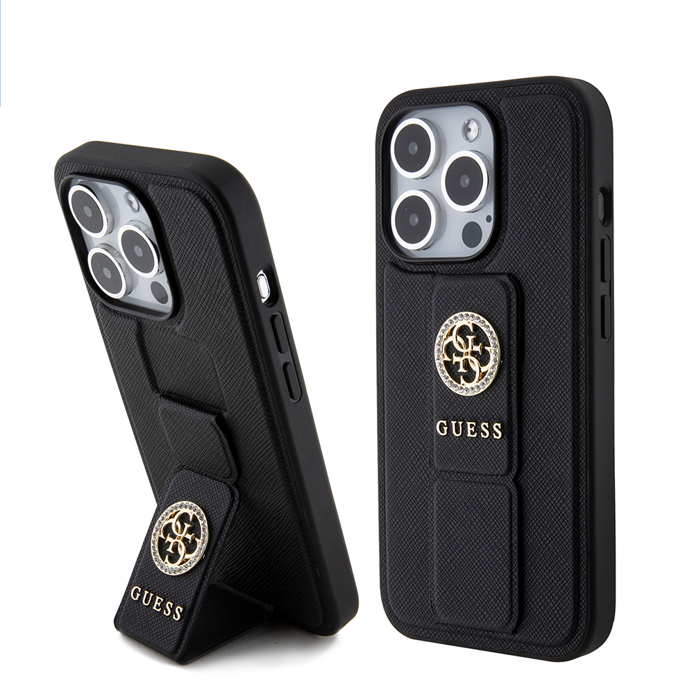 Guess Grip Stand 4G Saffiano Strass kryt na iPhone 15 Pro Max (GUHCP15XPGSSADK) - čierny KF2340035