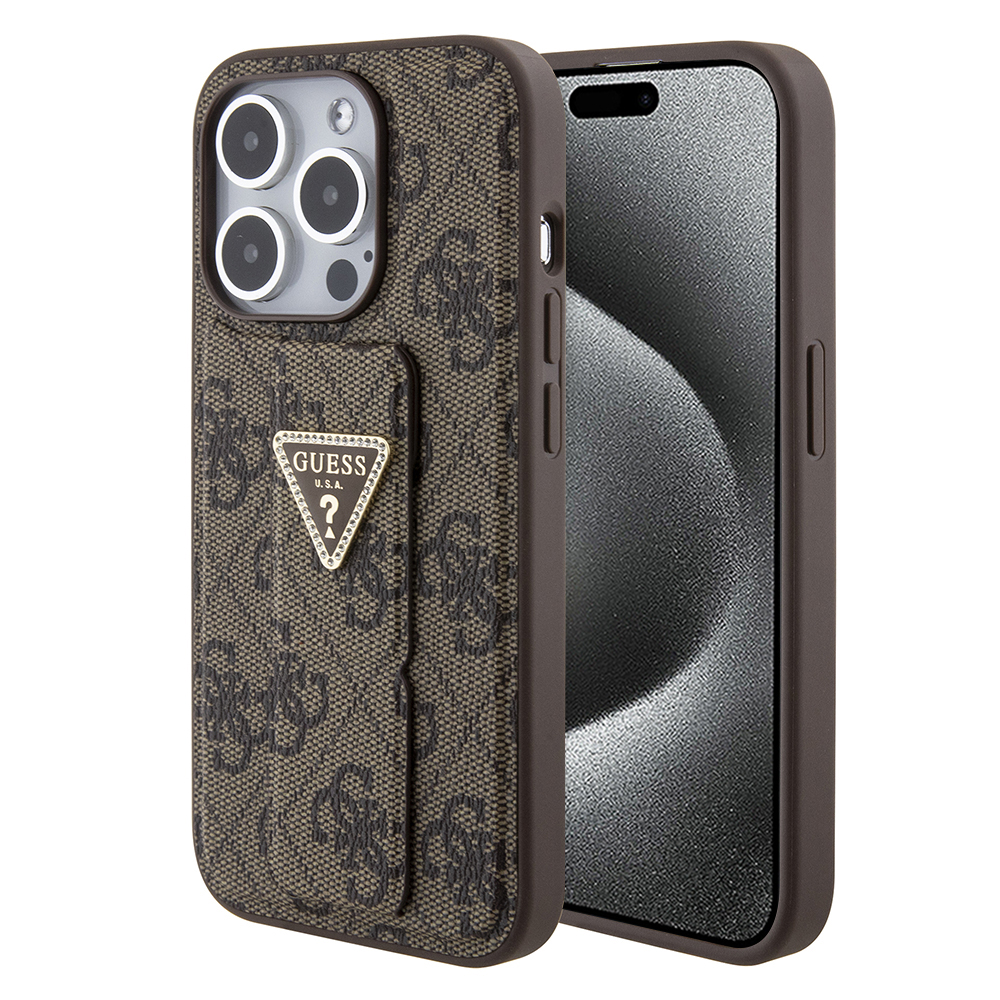 Guess Grip Stand 4G Triangle Strass kryt na iPhone 15 Pro Max (GUHCP15XPGS4TDW) - hnedý KF2340048