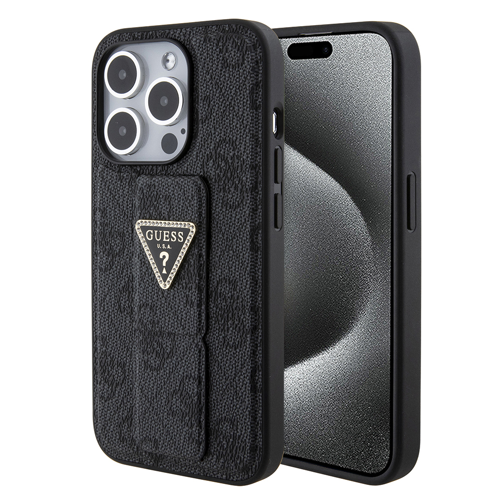 Guess Grip Stand 4G Triangle Strass kryt na iPhone 15 Pro Max (GUHCP15XPGS4TDK) - čierny KF2340047