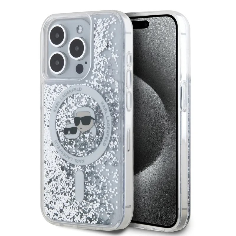 Karl Lagerfeld trblietavý kryt s tekutinou a MagSafe na iPhone 15 Pro Max (KLHMP15XLGKCSGH) - priesvitná Karl&Choupette hlava KF2340876