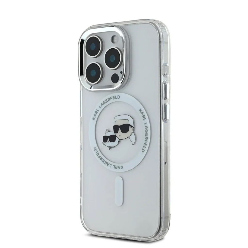 Karl Lagerfeld IML MagSafe kryt na iPhone 16 Pro (KLHMP16LHLSKCH) - biela kovová Karl&Choupette hlava KF2340799