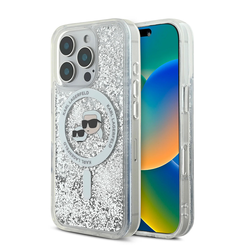 Karl Lagerfeld trblietavý kryt s tekutinou a MagSafe na iPhone 16 Pro Max (KLHMP16XLGKCSGH) - priesvitná Karl&Choupette hlava KF2340890