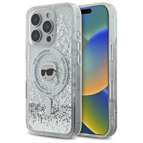 Karl Lagerfeld trblietavý kryt s tekutinou a MagSafe na iPhone 16 Pro Max (KLHMP16XLGKISGH) - priesvitná Karl hlava KF2340891
