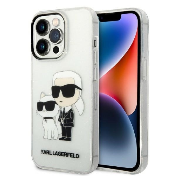 Karl Lagerfeld trblietavý pevný kryt (KLHCP14LHNKCTGT) na iPhone 14 Pro - priehľadný Karl&Choupette KF2339877
