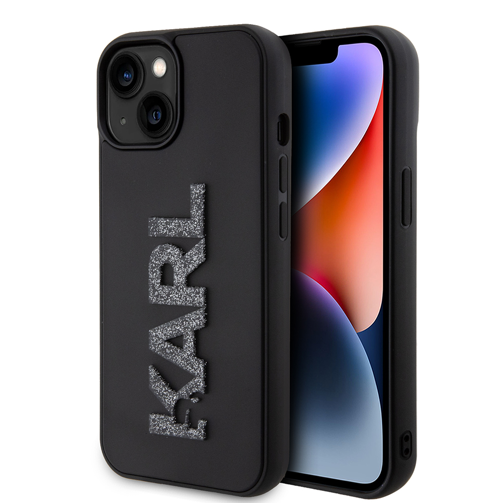 Karl Lagerfeld 3D Design kryt na iPhone 15 Plus (KLHCP15M3DMBKCK) - Gumový kryt s trblietkami a logom KF2339516