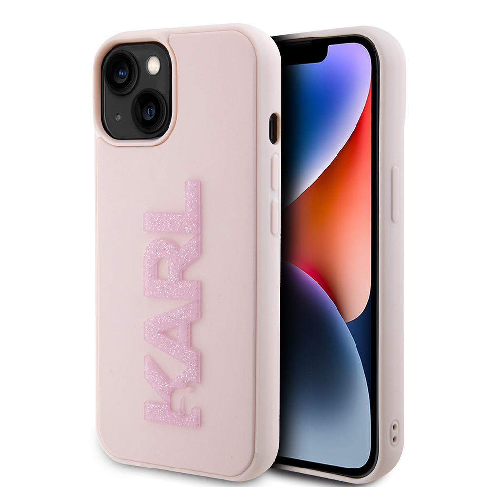 Karl Lagerfeld 3D Design kryt na iPhone 15 (KLHCP15S3DMBKCP) - Ružový gumový kryt s trblietkami a logom KF2339518