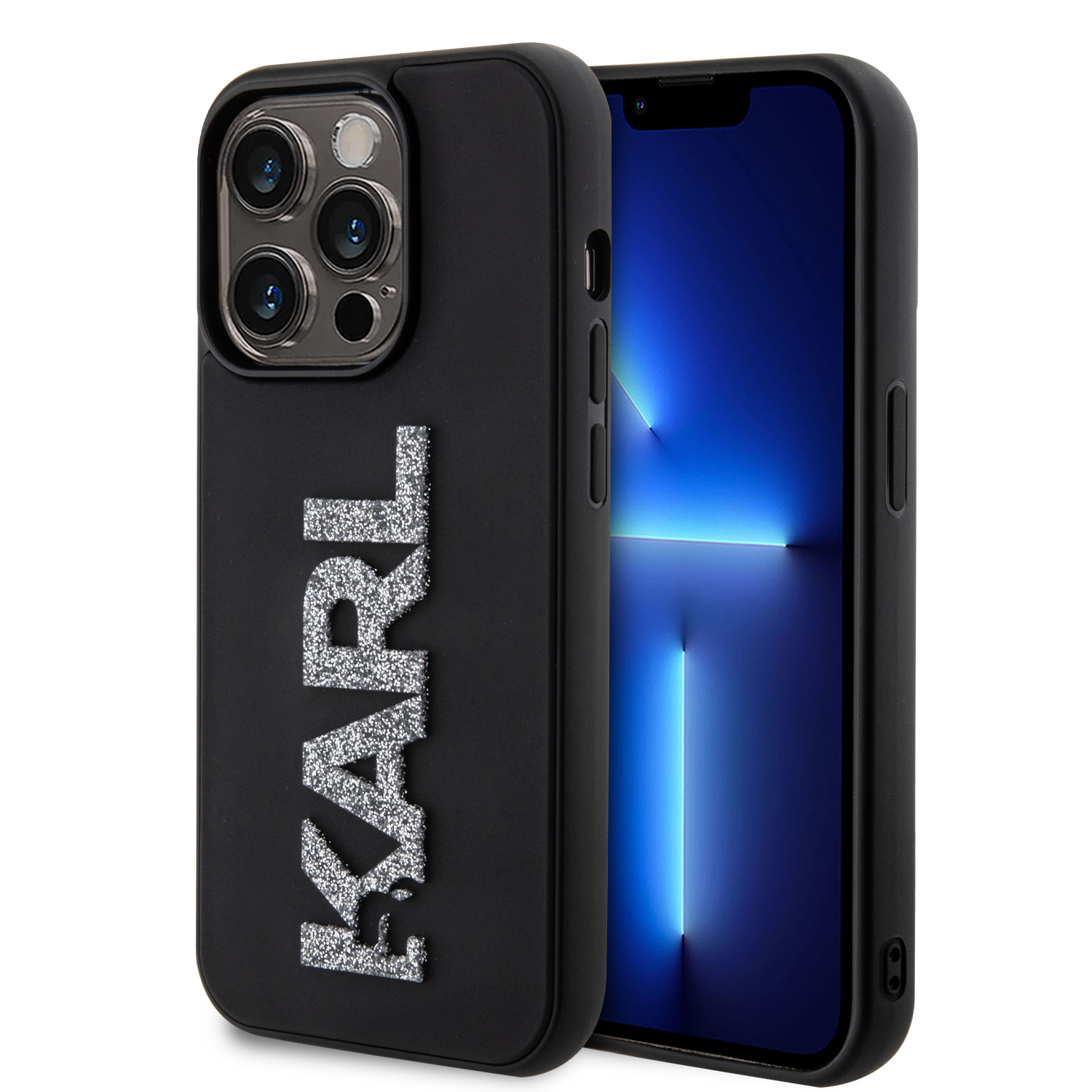 Karl Lagerfeld 3D Design kryt na iPhone 15 Pro Max (KLHCP15X3DMBKCK) - Gumový kryt s trblietkami a logom KF2339520