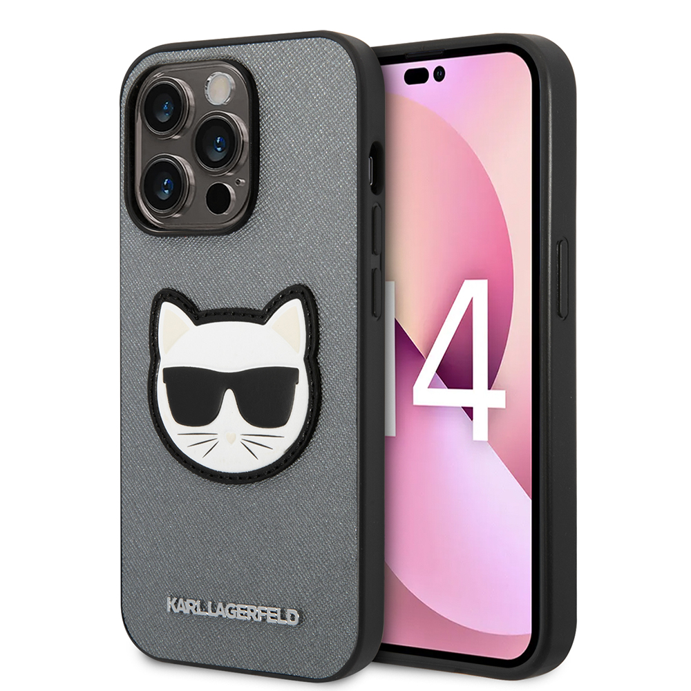 Karl Lagerfeld Saffiano kryt na iPhone 14 Pro (KLHCP14LSAPCHG) - strieborná Choupette hlava KF2339529