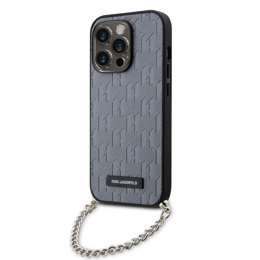 Karl Lagerfeld Saffiano Monogram Chain kryt na iPhone 14 Pro (KLHCP14LSACKLHPG) - strieborný KF2339538