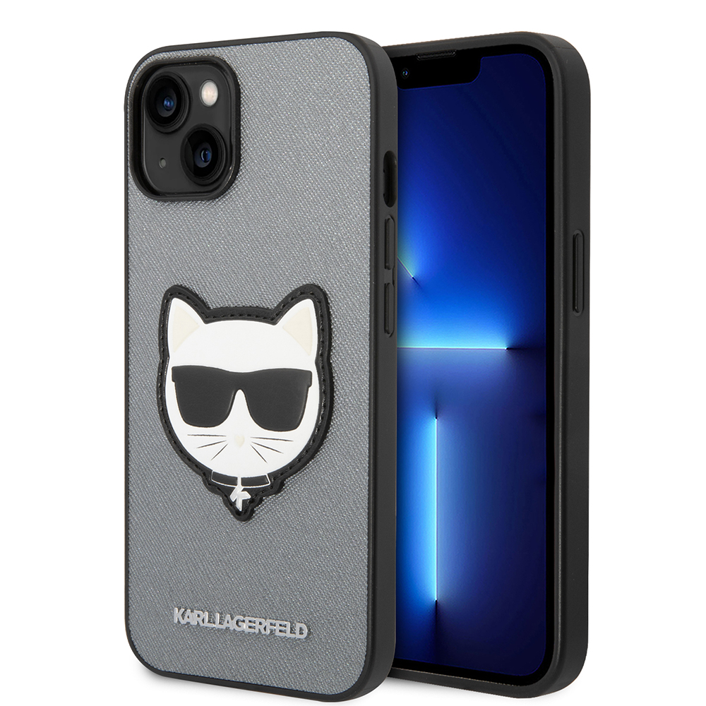 Karl Lagerfeld Saffiano kryt na iPhone 14 Plus (KLHCP14MSAPCHG) - strieborná Choupette hlava KF2339543