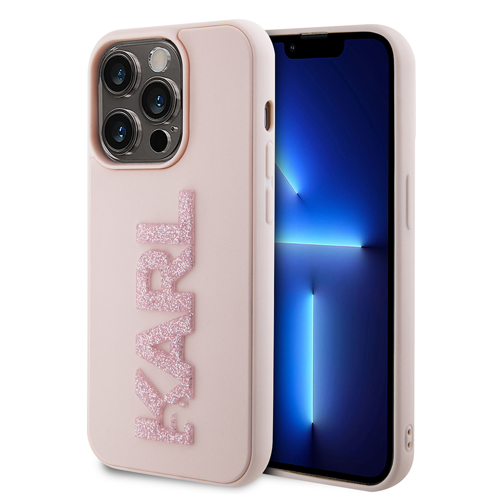 Karl Lagerfeld 3D Design kryt na iPhone 15 Pro (KLHCP15L3DMBKCP) - Ružový gumový kryt s trblietkami a logom KF2339515