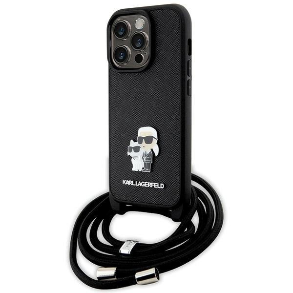 Karl Lagerfeld Saffiano crossbody kryt na iPhone 14 Pro (KLHCP14LSAKCPSK) - kovový odznak Karl&Choupette KF2339622