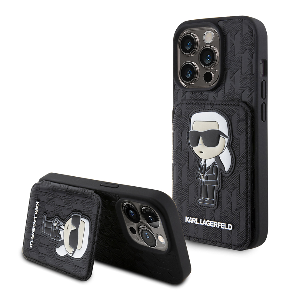 Karl Lagerfeld Saffiano kryt s priehradkami na karty a stojanom na iPhone 15 Pro (KLHCP15LSAKKNSCK) - Monogram Ikonik KF2339633