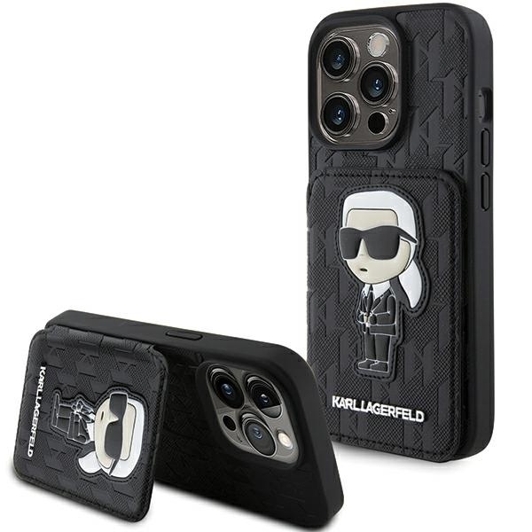 Karl Lagerfeld Saffiano kryt s priehradkami na karty a stojanom na iPhone 15 Pro Max (KLHCP15XSAKKNSCK) - Monogram Ikonik KF2339642