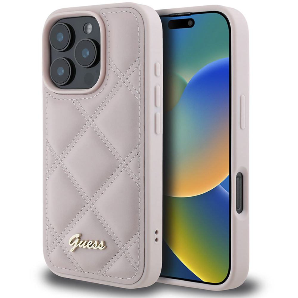 Guess prešívaný kryt s kovovým logom na iPhone 16 Pro (GUHCP16LPSQSQSP) - ružový KF2340011