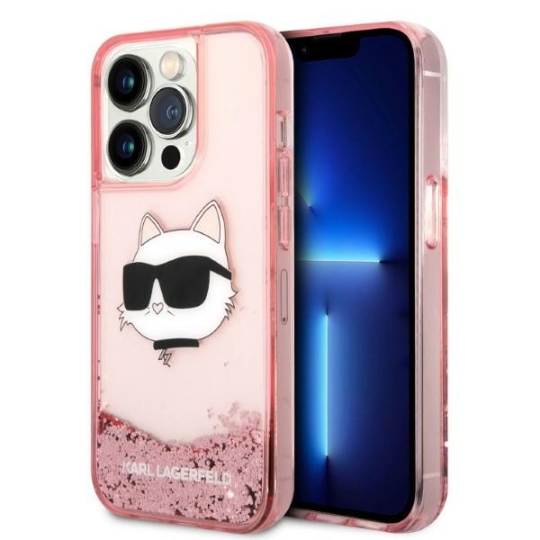 Karl Lagerfeld trblietavý pevný kryt (KLHCP14LLNCHCP) na iPhone 14 Pro - ružová Choupette Head KF2340249