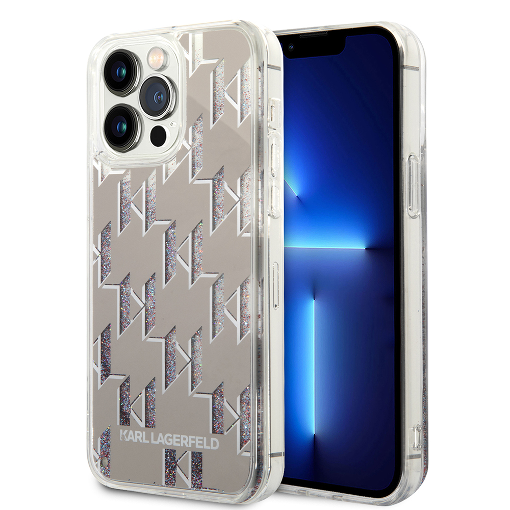 Karl Lagerfeld pevný kryt s tekutými trblietkami na iPhone 14 Pro Max (KLHCP14XLMNMS) - strieborný Monogram KF2340319