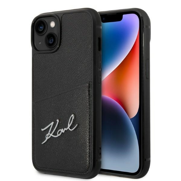 Karl Lagerfeld kožený kryt s priehradkou na karty na iPhone 14 Plus (KLHCP14MCSSK) - Signature Logo KF2340586