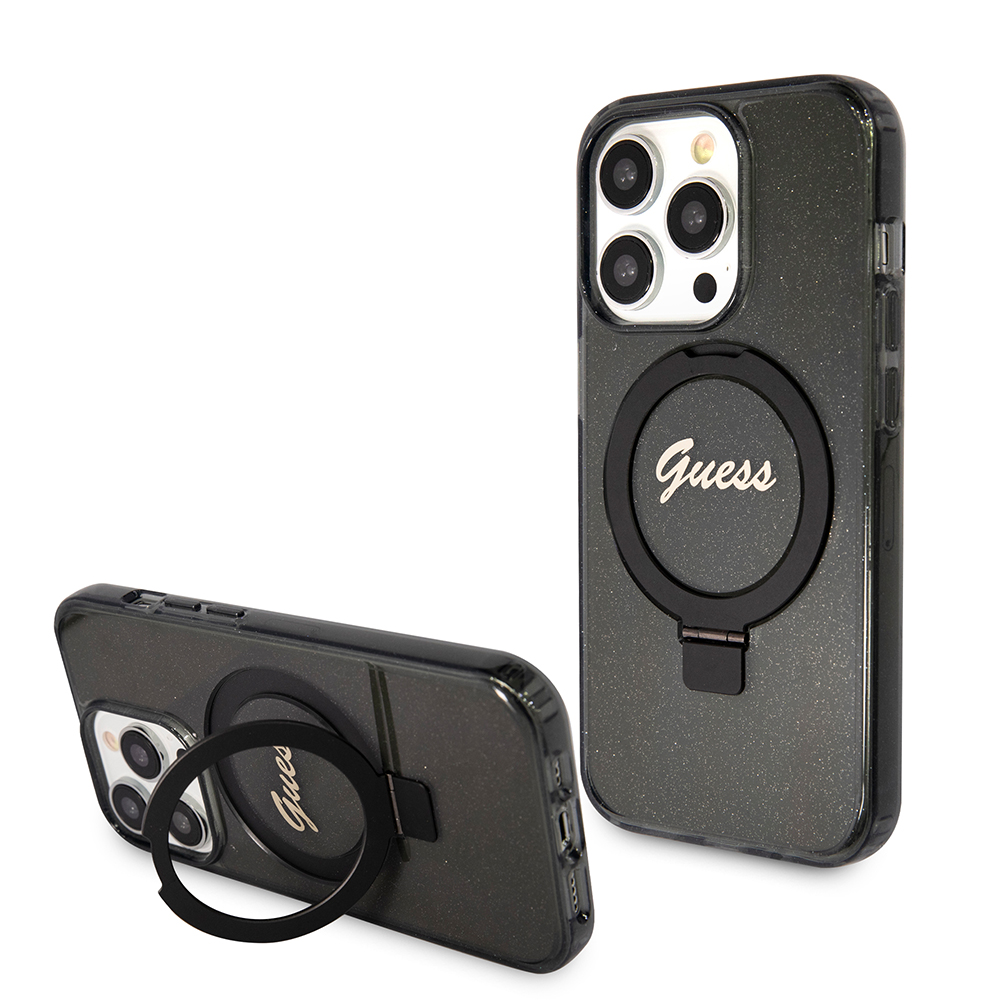Guess krúžkový držiak Script Glitter s MagSafe na iPhone 15 Pro Max (GUHMP15XHRSGSK) - čierny KF2340361