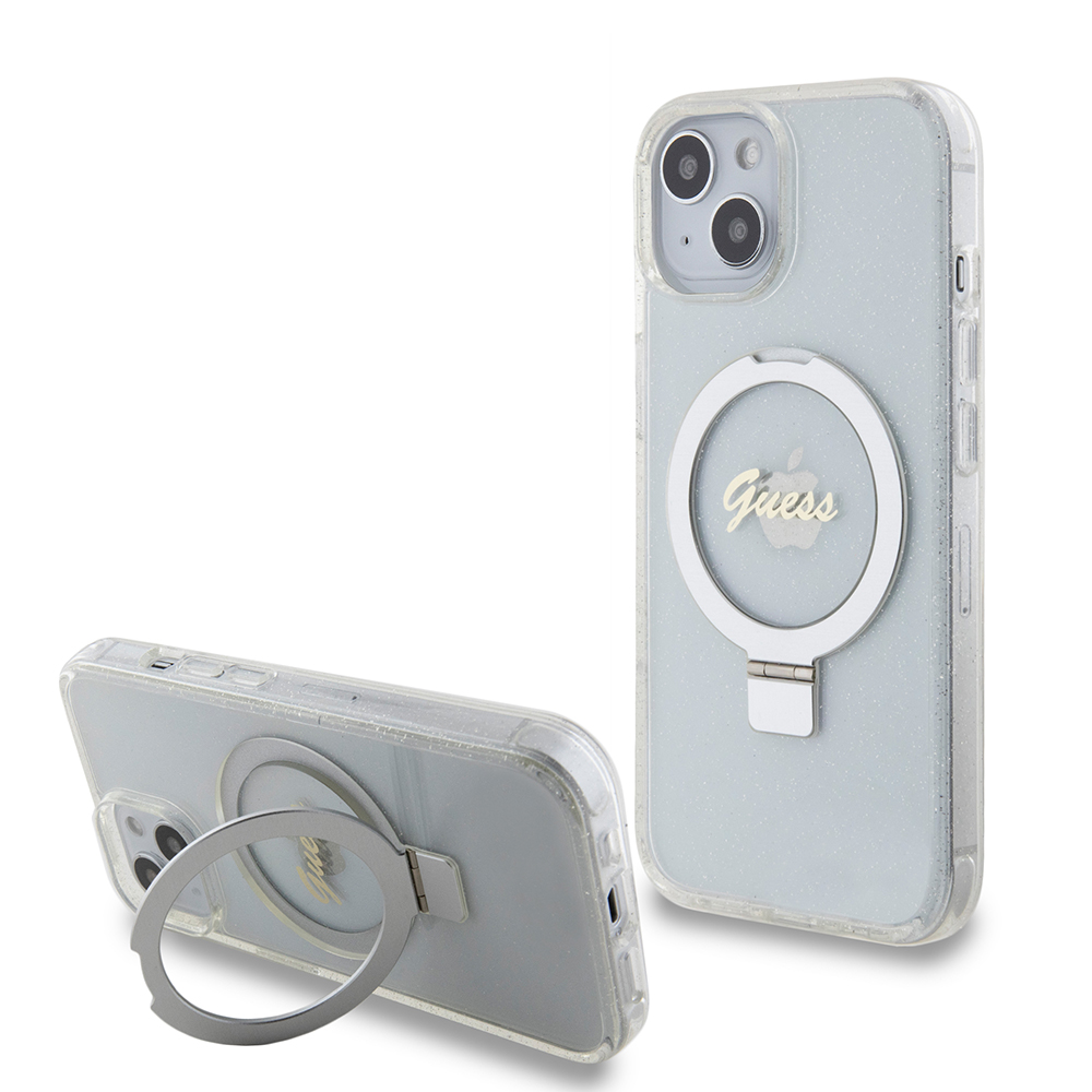 Guess krúžkový držiak Script Glitter s MagSafe na iPhone 15 (GUHMP15SHRSGSD) - priehľadný KF2340358