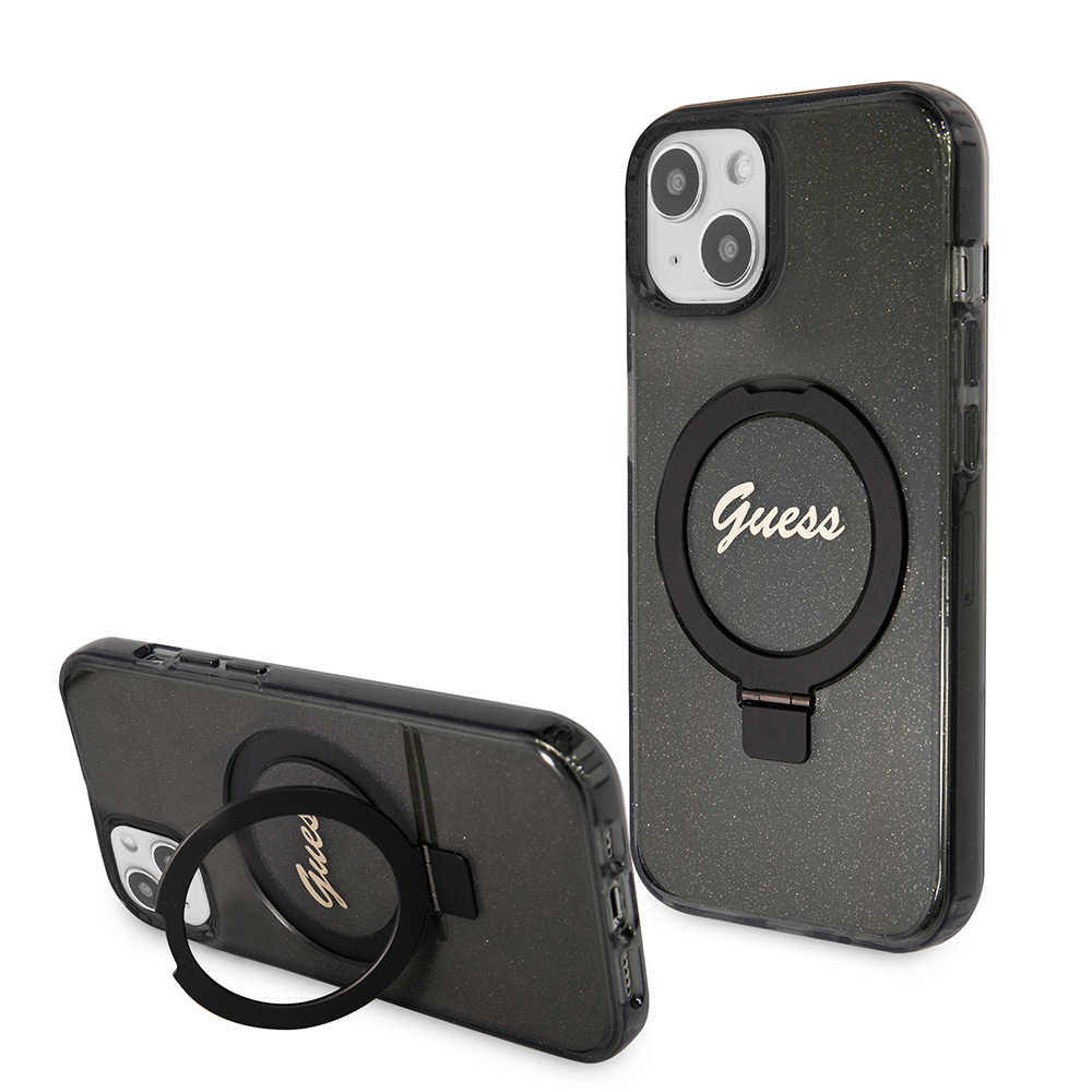 Guess krúžkový držiak Script Glitter s MagSafe na iPhone 15 Plus (GUHMP15MHRSGSK) - čierny KF2340353