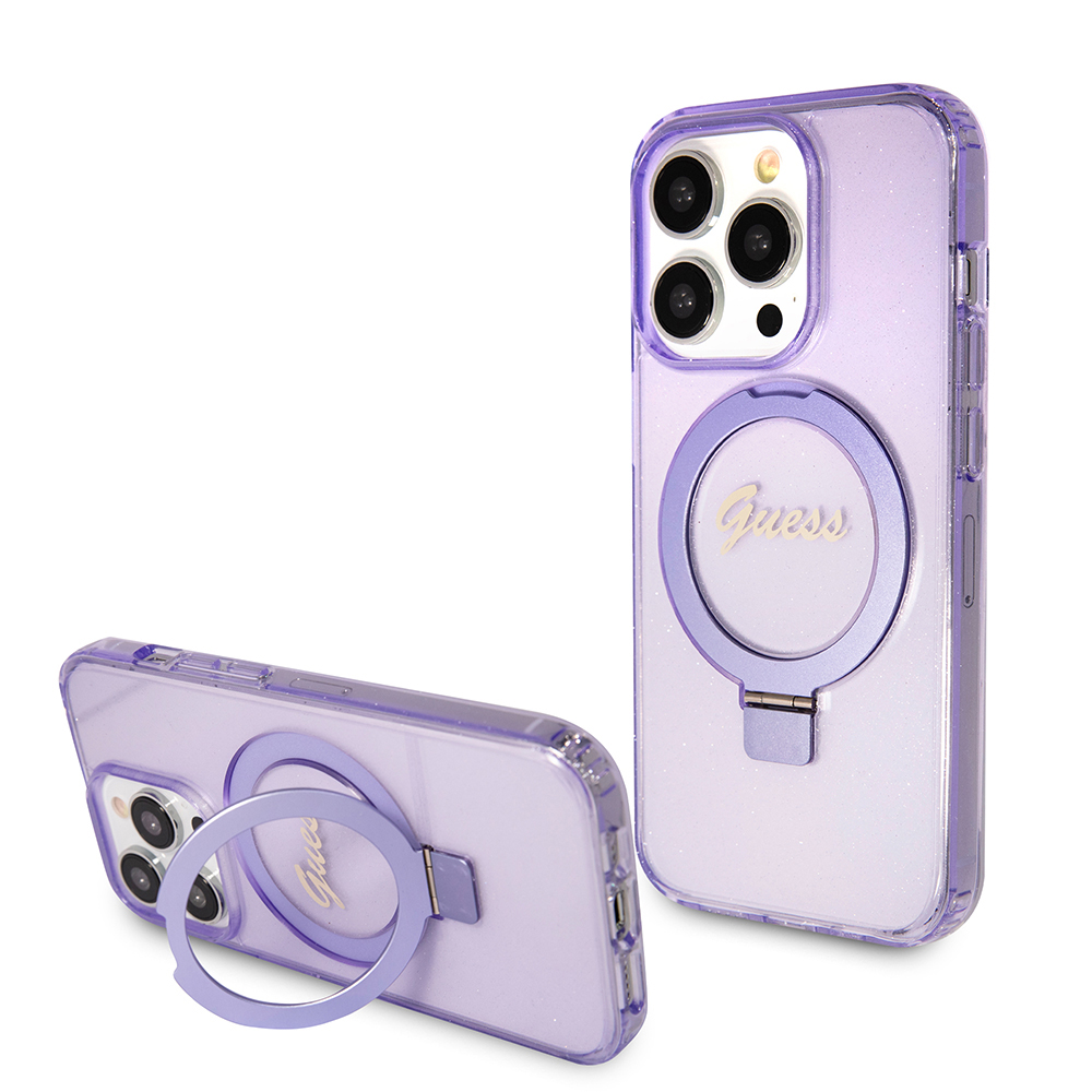 Guess krúžkový držiak Script Glitter s MagSafe na iPhone 15 Pro (GUHMP15LHRSGSU) - fialový KF2340351