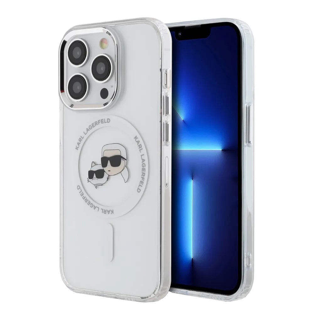 Karl Lagerfeld IML MagSafe kryt na iPhone 14 Pro (KLHMP14LHLSKCH) - biela kovová Karl&Choupette hlava KF2340726