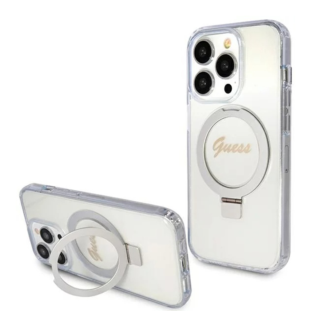 Guess krúžkový držiak Script Glitter s MagSafe na iPhone 15 Pro (GUHMP15LHRSGSD) - priehľadný KF2342264