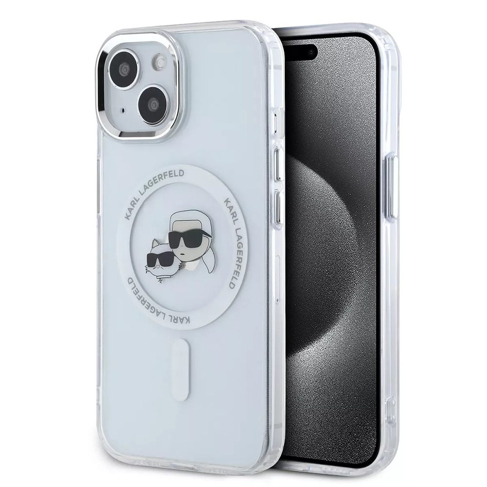 Karl Lagerfeld IML MagSafe kryt na iPhone 15 (KLHMP15SHLSKCH) - biela kovová Karl&Choupette hlava KF2343595