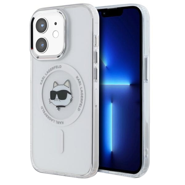 Karl Lagerfeld IML MagSafe kryt na iPhone 12 / iPhone 12 Pro (KLHMP12MHLSCHH) - biela kovová Choupette hlava KF2343573