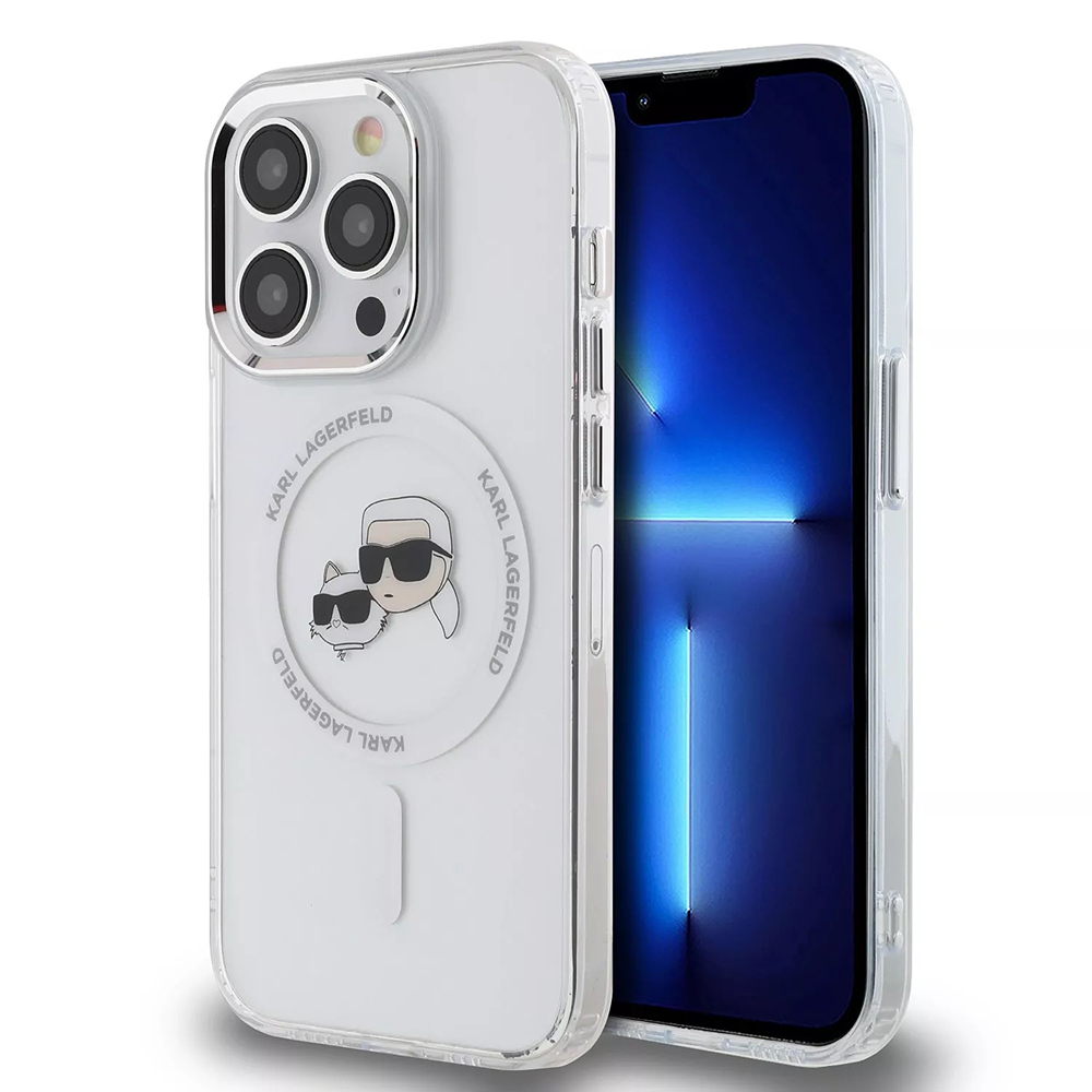 Karl Lagerfeld IML MagSafe kryt na iPhone 15 Pro (KLHMP15LHLSKCH) - biela kovová Karl&Choupette hlava KF2343596