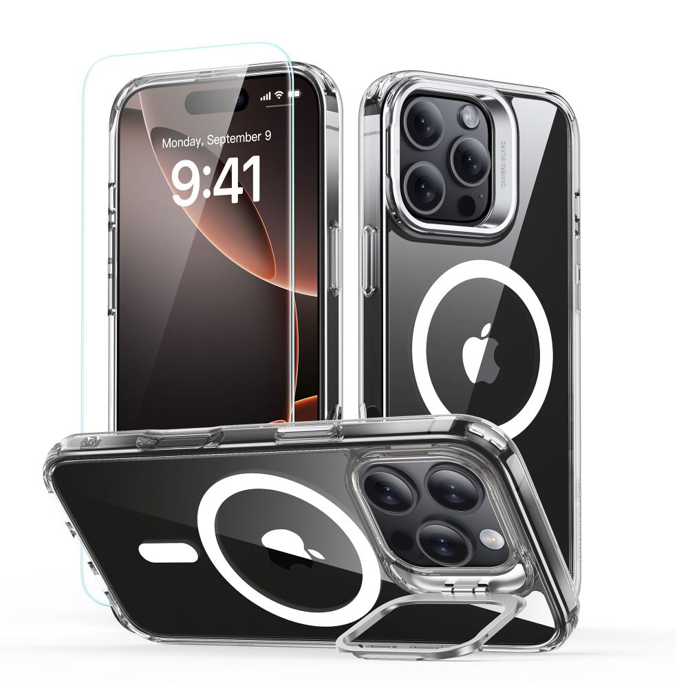 ESR Classic Hybrid HaloLock kryt so stojanom a sklom na iPhone 16 Pro – priehľadný KF2334676