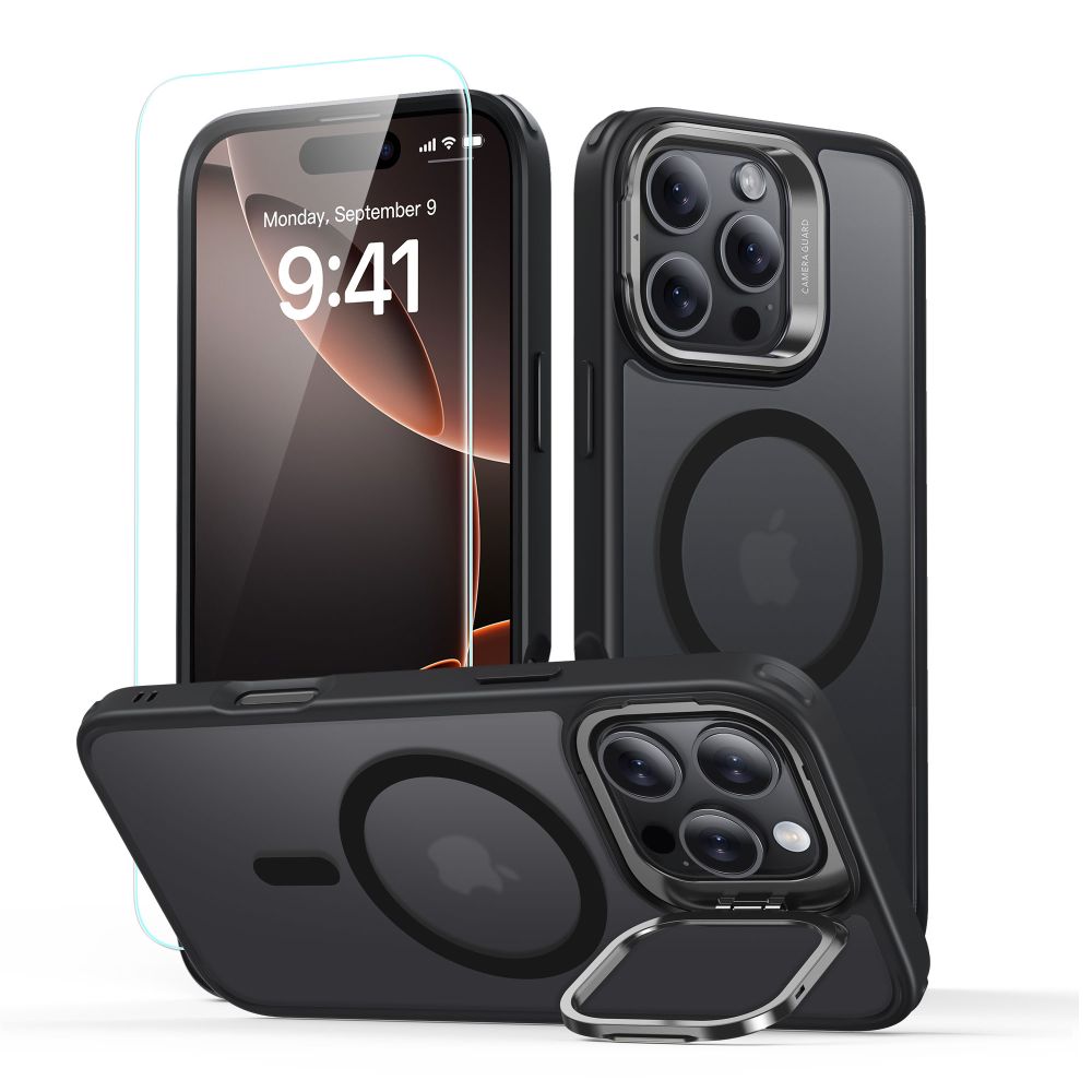 ESR Classic Hybrid HaloLock kryt so stojanom a sklom na iPhone 16 Pro – matná čierna KF2334677