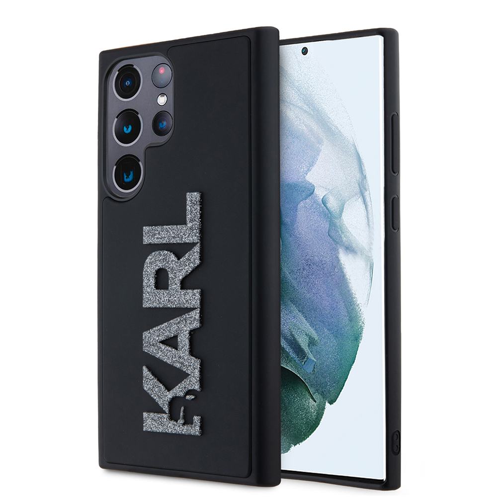 Karl Lagerfeld 3D Dizajn (KLHCS23L3DMBKCK) kryt na Samsung Galaxy S23 Ultra – Gumené trblietavé logo KF2339508