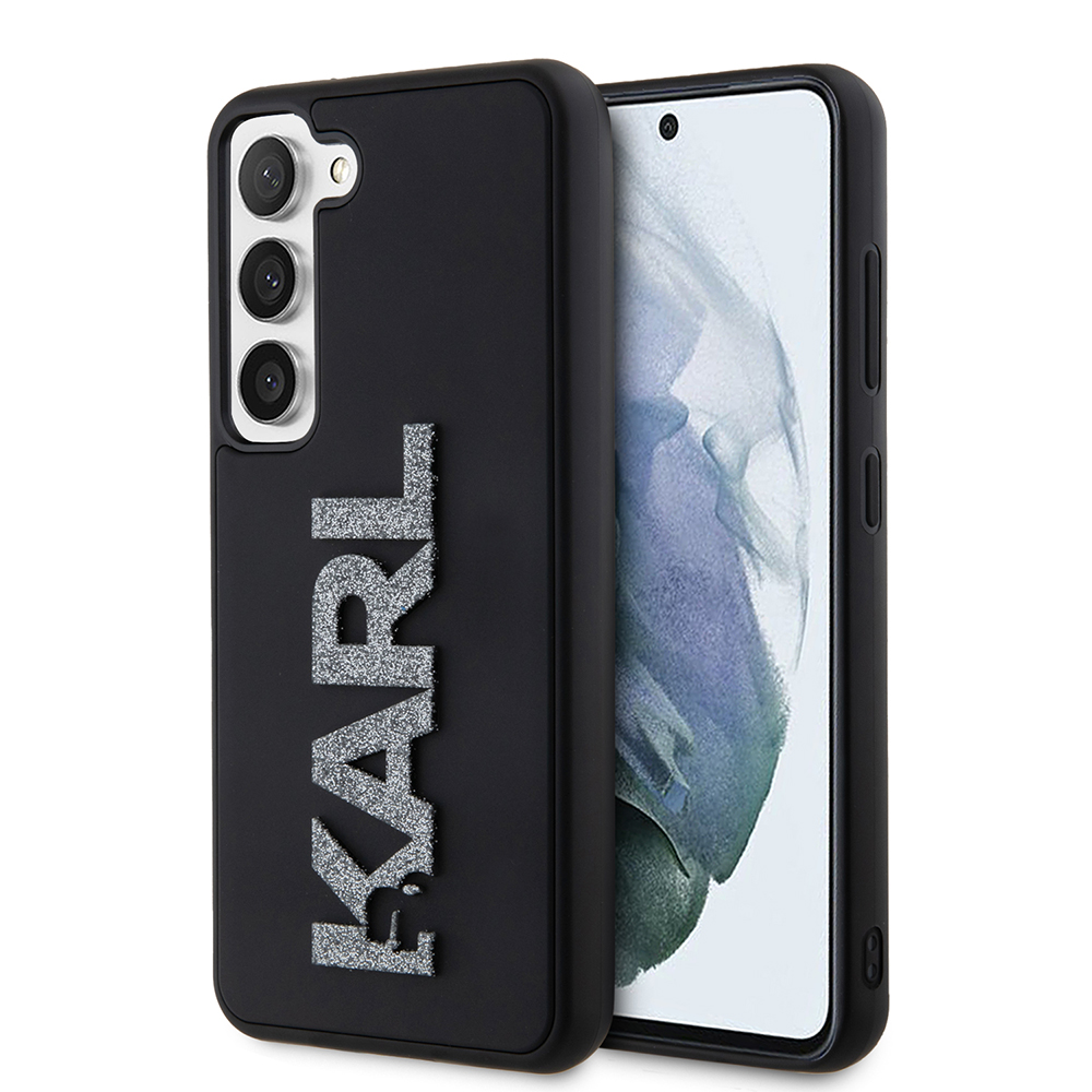 Karl Lagerfeld 3D Dizajn (KLHCS23S3DMBKCK) kryt na Samsung Galaxy S23 – Gumené trblietavé logo KF2339511