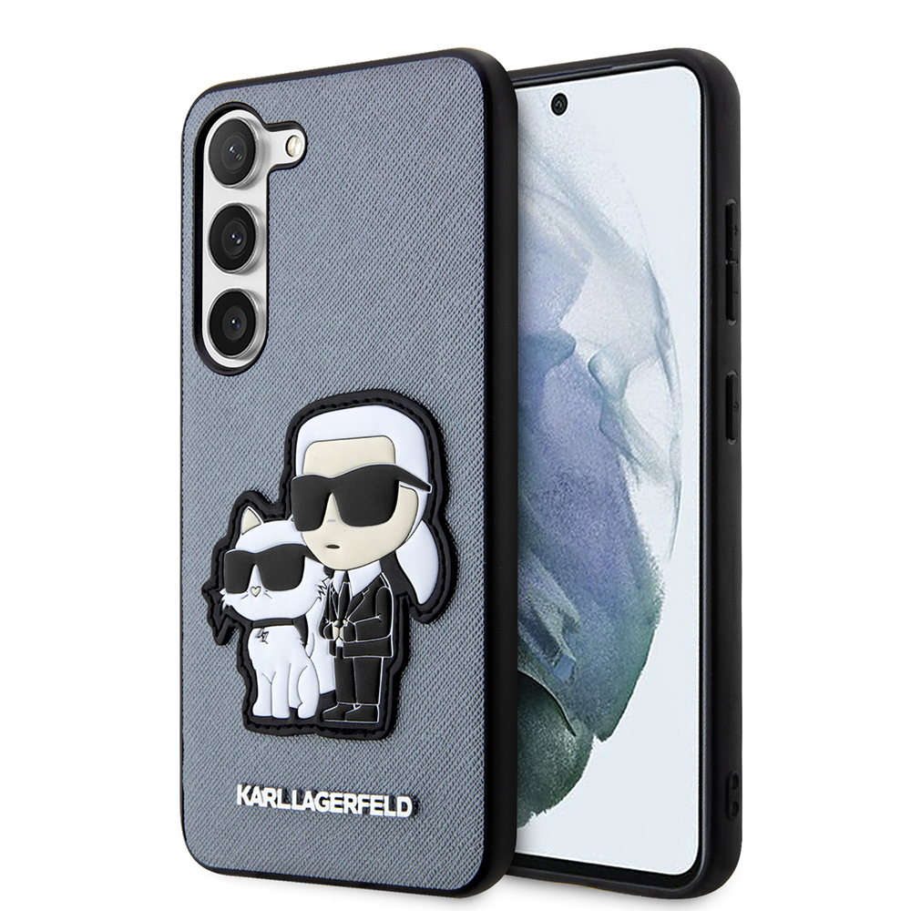 Karl Lagerfeld Saffiano (KLHCS23MSANKCPG) kryt na Samsung Galaxy S23 Plus – Sivý Karl&Choupette kovový odznak KF2339556