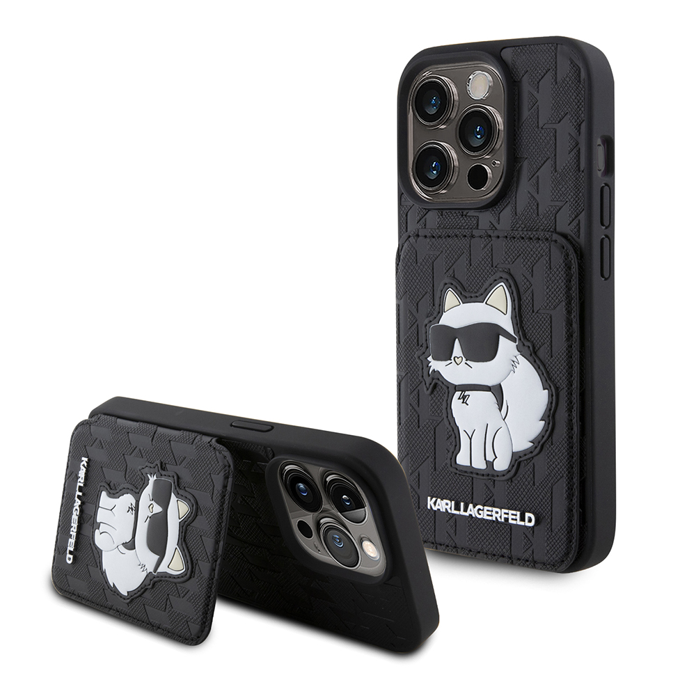 Karl Lagerfeld Saffiano Cardslots and Stand (KLHCP15LSAKCNSCK) kryt na iPhone 15 Pro – Monogram Choupette KF2339632