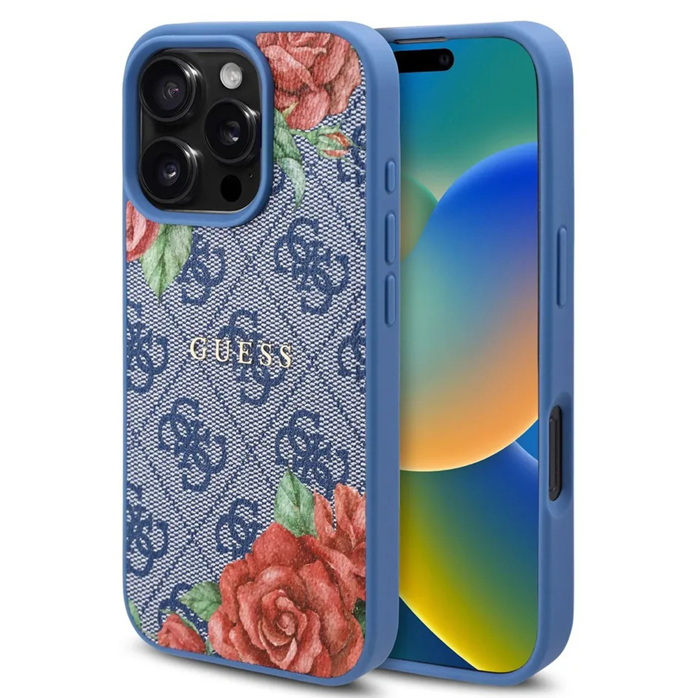 Guess Hardcase 4G Flower Print MagSafe (GUHMP16LP4ROPEMCB) kryt na iPhone 16 Pro – Modrý kvetinový dizajn KF2344906