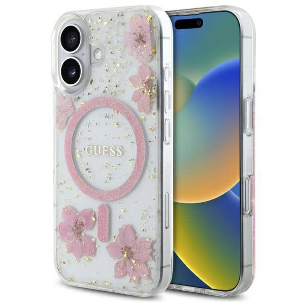 Guess Hardcase Resin Flowers and Glitter MagSafe (GUHMP16SRBFGFGMP) kryt na iPhone 16 – Ružový s kvetinami KF2344966