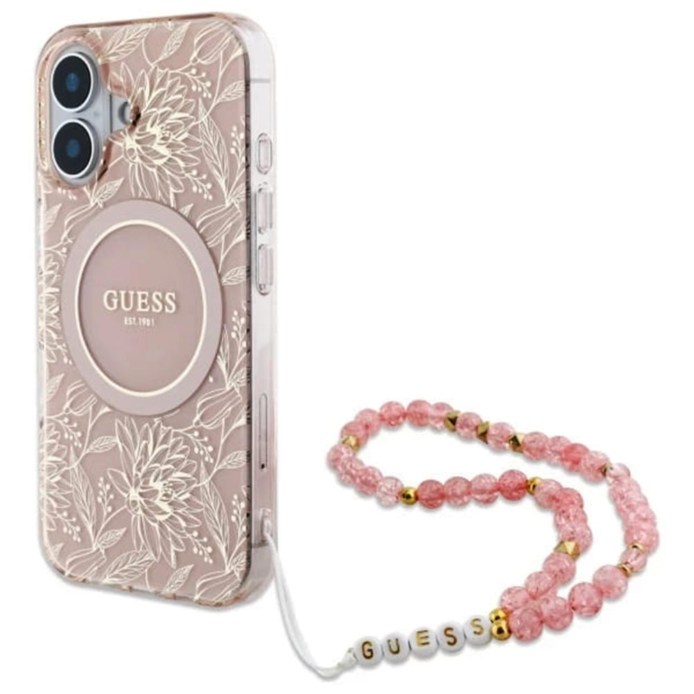 Guess obal IML Kvety s perlovým remienkom MagSafe (GUHMP16SHCPOFPP) - iPhone 16 - Ružový KF2340685