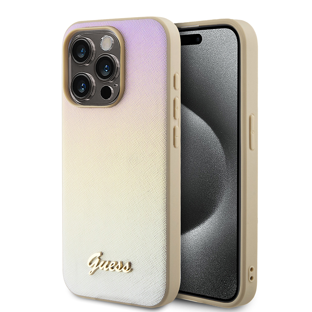 Guess Saffiano Iridescent Script tvrdý obal na telefón (GUHCP15LPSAIRSD) - iPhone 15 Pro - Zlatý KF2340141