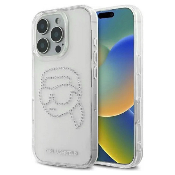 Karl Lagerfeld IML Rhinestones tvrdý obal na telefón (KLHCP16LHKHDCELT) - iPhone 16 Pro - Karl Head Transparentný KF2344979