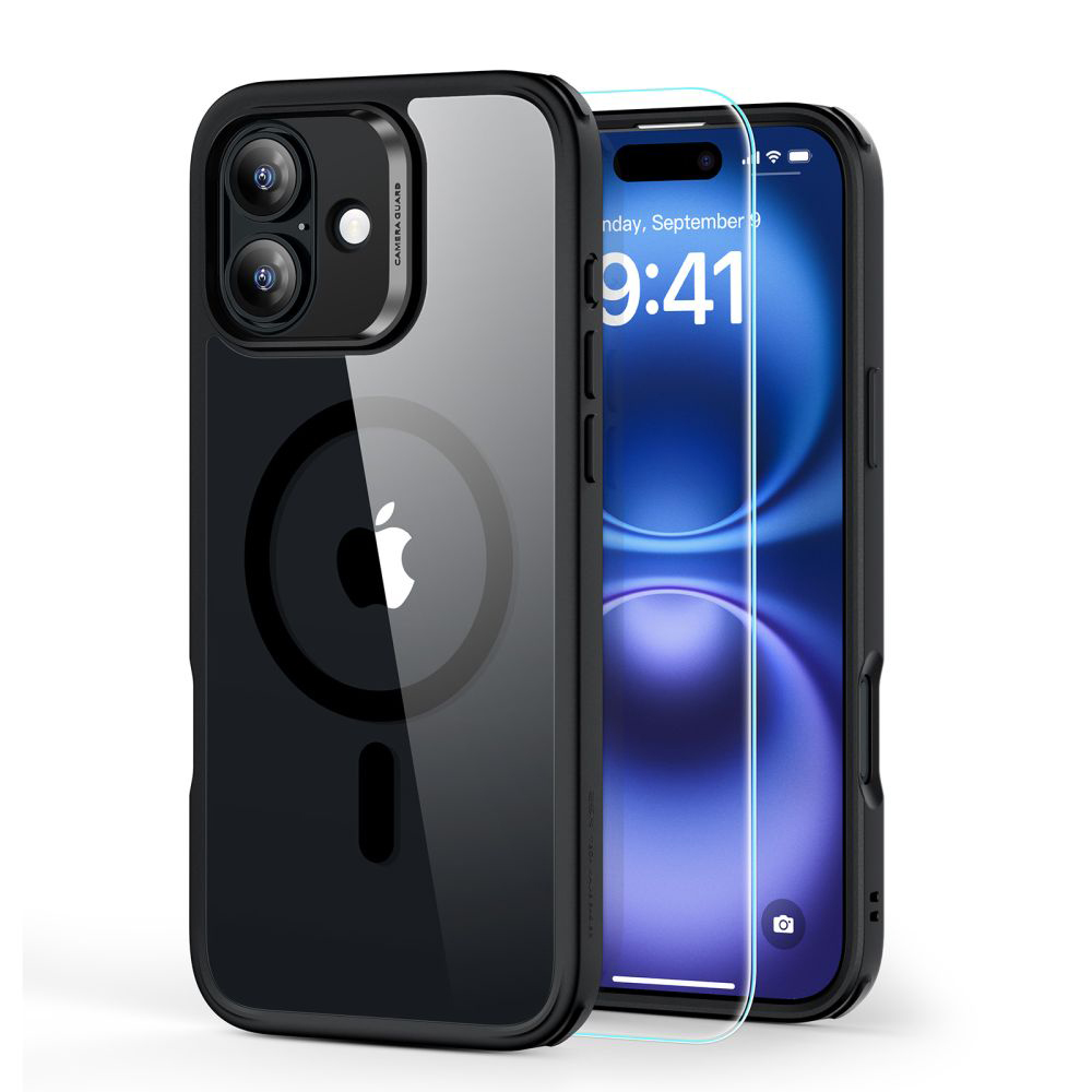 ESR Classic Hybrid HaloLock puzdro + ochranné sklo pre iPhone 16 – číre/čierne KF2335897