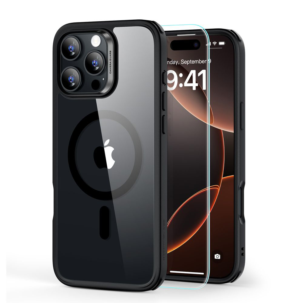 ESR Classic Hybrid HaloLock puzdro + ochranné sklo pre iPhone 16 Pro – číre/čierne KF2335899