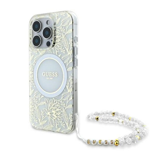 Guess - IML Flowers Allover Electro With Pearl Strap MagSafe (GUHMP16XHCPOFPH) – puzdro na iPhone 16 Pro Max – Biela KF2340686
