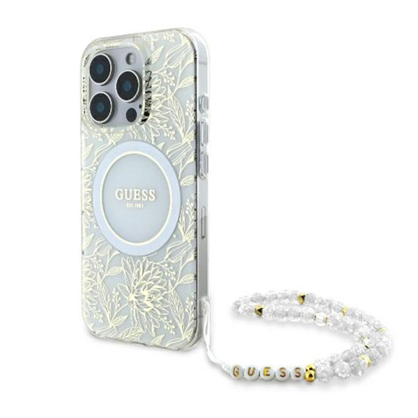 Guess - IML Flowers Allover Electro With Pearl Strap MagSafe (GUHMP16LHCPOFPH) – puzdro na iPhone 16 Pro – Biela KF2340679