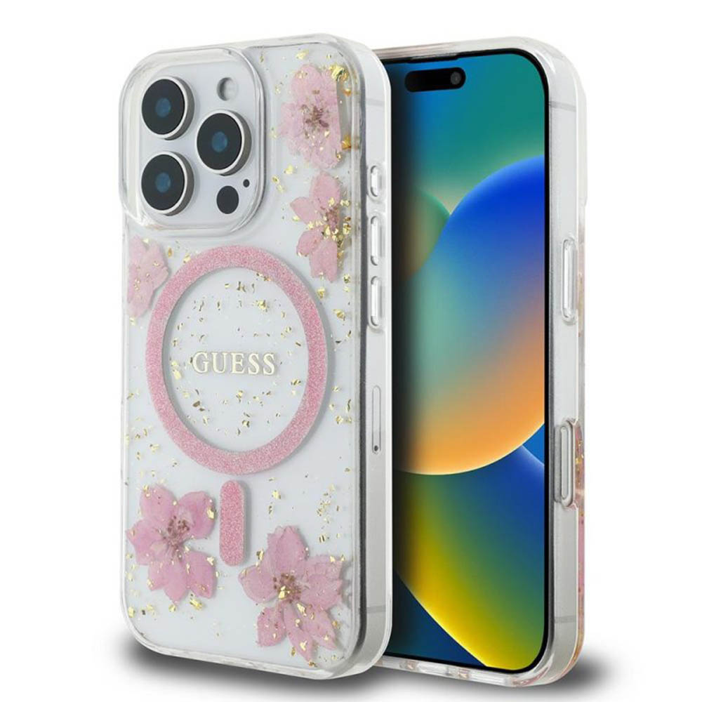 Guess Hardcase Resin Flowers and Glitter MagSafe kryt pre iPhone 16 Pro – Ružová KF2345727